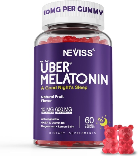 [BRSW2CYRCJ6G2HYV] Melatonin Gummies 10mg 20mg para adultos, Melatonina 10 mg por Gummy con Ashwagandha, Magnesium Glycinate, GABA, L-theanine, Valerian Root y Lemon Balm, Apoyo al Descanso Suplemento, Grape Flavor, 60 Cts