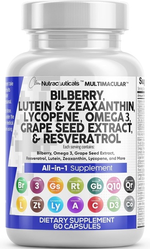 [BRSROZQDPMHGACTP] Clean Nutra Eye Vitamins with Bilberry Lutein and Zeaxanthin Supplements Lycopene 40mg Resveratrol Grape Seed Astaxanthin for Eyes - Eye Care Health Support Eye Vitamin and Mineral Supplement
