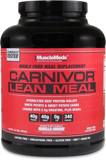 [BRSW2EIBAF6RAGQV] MuscleMeds CARNIVOR LEAN MEAL elikagaien ordezko shake, MRE, behi proteina isolatua, patata zuria, patata gozoa, 40g proteina, 40 g carbs, laktosa libre, azukre libre, Vanilla Cream 20 zerbitzatu