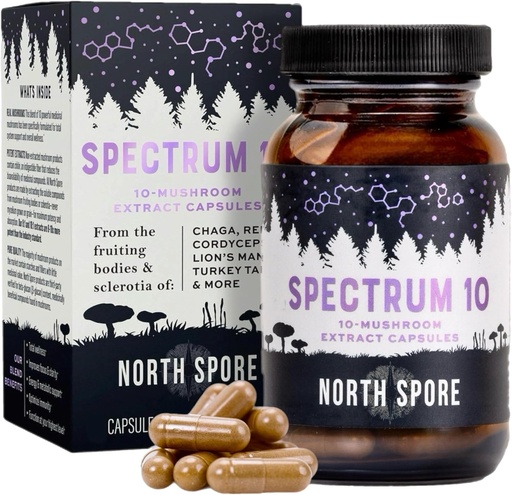 [BRSRAAQQOJ4GOADD] North Spore Organic 'Spectrum 10' Mushroom Extract Capsules | Cognitive Supplement | Lion's Mane, Chaga, Cordyceps, Reishi, Turkey Tail | 10 Medicinal Mushrooms | Energy, Focus, Clarity - 120 ct