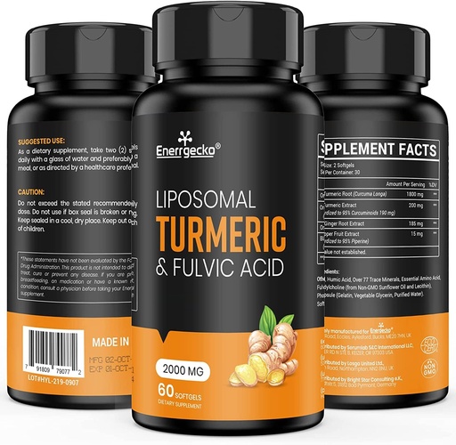 [BRSRMZQ2BAMGCCD5] 2000 mg Liposomal Turmeric Curcumin with Black Pepper & Ginger for Superior Absorption with Fulvic Acid and Humic Acid (60 Count (Pack of 1))