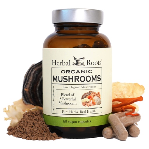 [BRSWGAIDBMCROADZ] Herbal Roots Organic 8 Mushroom Blend Supplement Capsules - 100% Fruiting Body Extracts - Wellness and Immunity - 60 Vegan Capsules
