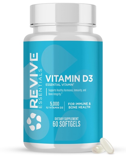 [BRSROZICCQAWKHIY] Revive MD Vitamin D3 Supplement 5000 IU – High Potency Cholecalciferol for Immune Support, Calcium Absorption, Bone & Muscle Health – Non-GMO Dietary Supplement, No Fillers (60 Softgels, 60 Servings)