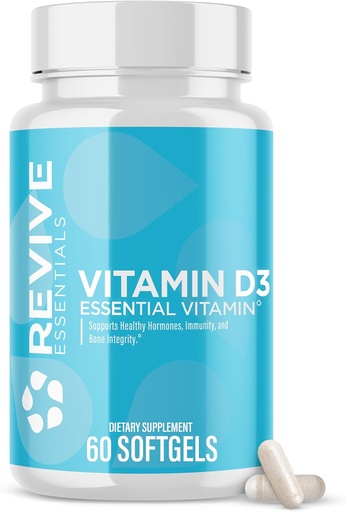 [BRSROZICCQAWKHIY] Revive MD Vitamina D3, 5000 UI - High Potence Colecalciferol pentru suport imun, Absorbție de calciu, Sănătate osoasă și musculară - Supliment alimentar non-GMO cu nici Fillers - 60 Softgels