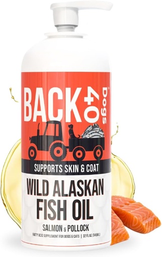 [BRSRAEL3AABWKCL3] BACK 40 Dogs Wild Alaskan Fish Oil for Dogs, Skin and Coat Supplement for Dogs & Cats, Omega-3-Rich Salmon and Pollock Oil, EPA & DHA Dog Salmon Oil for Brain, Heart, and Joints 32 fl oz