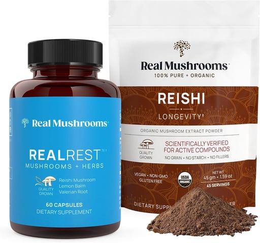 [BRSRM2YQBN7BSDQ4] Real Mushrooms RealRest (60ct) Capsules and Reishi Mushroom Powder (45 Servings) Bundle - Mushroom Supplement for Longevity, Daily Immune Support, Improved Sleep and Relaxation - Vegan, Non-GMO