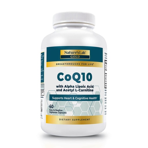 [BRSWIAQRA55AK33C] Nature's Lab CoQ10 200mg with Alpha Lipoic Acid & L-Carnitine - High Absorption Heart & Brain Support - Energy & Mitochondrial Function - 60 Capsules Gold