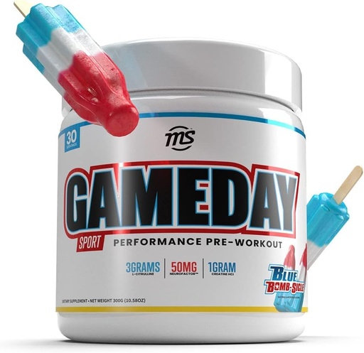 [BRSW22YOBUDRGCDA] Man Sports Game Day - Sport Pre-Workout, Blue Bombsicle Ароматизирана енергийна напитка Микс с естествен кофеин, 300g, 30 Days Supply