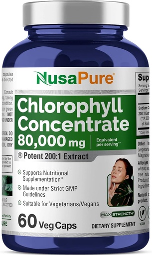 [BRSRAZT7AF7A4ETP] NusaPure Chlorophyll 200:1 Extracto, 400 mg Equivalente a 80.000mg 60 Veggie Caps (Equivalente 80000mg por Serving, Non-GMO, Vegan) Sodium Copper Chlorophyllin