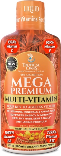[BRSWGYYKBUNWK334] Mega Premium Liquid Multivitamin | Natural Immune Support Vitamin w/ 1333% Vitamin C, 200% D3, Zinc + 20 Vitamins, 70 Minerals, & 21 Amino Acids | Sugar Free | Orange Flavor | 98% Absorption | 32 Serv