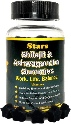 [BRSRAHTYOQARAGY4] Shilajit Ashwagandha Gummies - Immune Support Supplement with Pure Shilajit Resin - Organic Ashwagandha Gummy for Stress, Energy & Wellness, 60 Natural Star-Shaped Gummies
