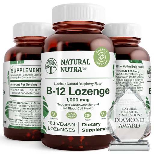 [BRSWGEAEBFYQYCDV] Natural Nutra Vitamin B12 Supplement, Helps to Increase Energy Levels, Essential for Healthy Nervous System, Helps to Improve Mood & Mental Health, Supports Cardiovascular System, 100 Lozenges