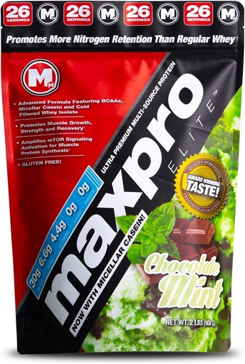 [BRSRMYL2BAHA2YD5] Max Raumenų Maxpro Elite, 124; 30g baltymo arba 124; 6,6g BCAAs, 124; Micellar Casein, šaltas filtruotas išrūgų baltymų koncentratas, 124; skatina raumenų augimą, stiprumą ir atsigavimą (Šokolado mėtos, 2lb)