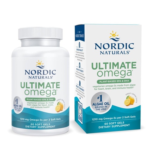 [BRSRAYI7B4HWGCAY] Nordic Naturals Plant Based Ultimate Omega, Lemon Flavor - 60 Vegetarian Soft Gels - 1210 mg Omega-3 - Vegan EPA and DHA - Supplement Made from Algae - Brain & Heart Support - Non-GMO - 30 Servings