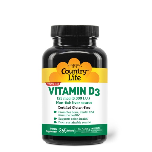 [BRSRMAYKC5YWEH32] Country Life Vitamin D3 5000 IU – High Potency, Non-Fish Source, Supports Bone Health, Immune Function & Calcium Absorption – 365 Softgels, Certified Gluten-Free, Long-Term Supply