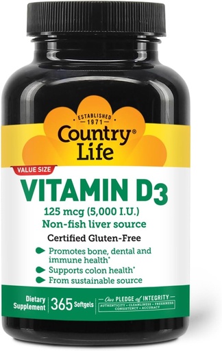 [BRSRMAYKC5YWEH32] Vida País Vitamina D3 5000 UI – Alta Potencia, Fuente No Flamenca, Apoyo a la Salud del Hueso, Función Inmune " Absorción del Calcio - 365 Softgels, Suministro Certificado Libre de Gluten, A largo plazo