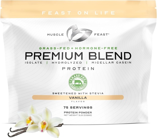 [BRSWIEYYOYFB2ADG] Muscle Feast Grass Fed Premium Blend Whey Protein, Hydrolyzed Whey, Isolate, Micellar Casein, 21g Protein, 100 Calories (Vanilla, 5lb)
