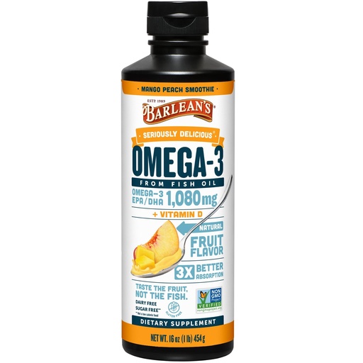 [BRSWIYIZCECBKGT4] Barlean's Omega 3 Fish Oil Liquid Supplement with Vitamin D for Men and Women, 1080mg of EPA and DHA Fatty Acid, Promotes Brain & Heart Health - Non-GMO, Mango Peach, 16 oz