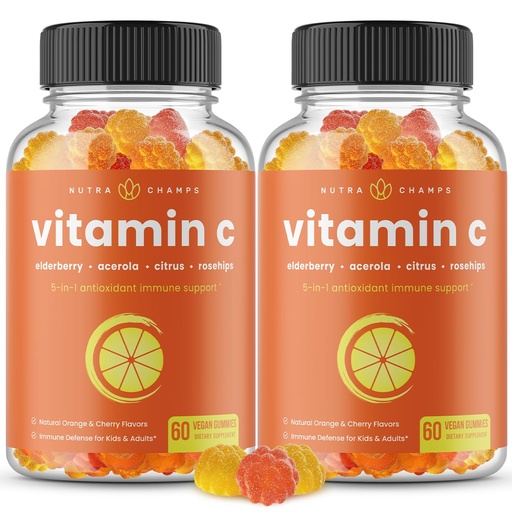[BRSWYFQBCAPB6YAY] NutraChamps Vitamin C Gummies for Adults & Kids, 5-in-1 Immune System Support with Elderberry, Rosehips, Citrus Bioflavonoids & Acerola Cherry, Immunity Booster Supplement (Pack of 2)