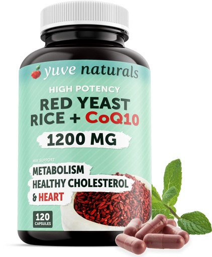 [BRSWGADYOJ5GYFA7] 100% Natural Red Yeast Rice 1200 mg with CoQ10 100 mg, 2 in 1, Maintain Healthy Cholesterol Levels - 120 Veggie Capsules