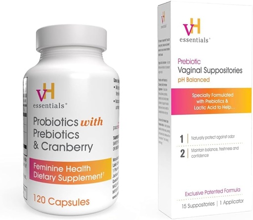 [BRSROAINOEAQAFYZ] vH essentials Probiotics with Prebiotics and Cranberry Feminine Health Supplement - 120 Capsules (544-36) & Prebiotic PH Balanced Vaginal SuppositoriesBox, Original Version, 15 Count