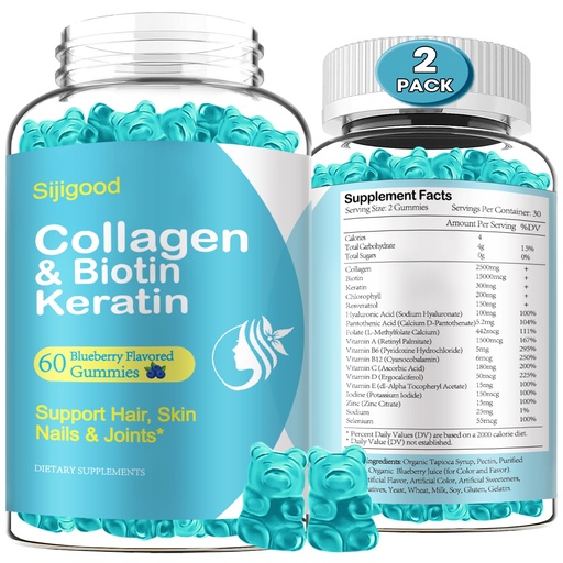 [BRSROZQZBF5BAA3U] 2 Pack Biotin Gummies with Collagen, Keratin, Hyaluronic Acid, Vitamin for Skin, Hair Growth, Nails, Women Men Adults Kids - Blueberry Flavored, 120 Gummies