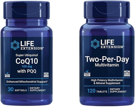 [BRSRAZAYBMJQG3DX] Life Extension Super Ubiquinol CoQ10 100mg 30 Softgels Cellular Energy Support Bundle with Two-Per-Day High Potency 120 Tablet Multivitamin