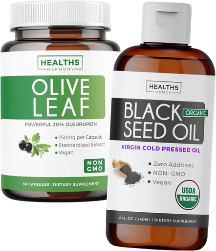 [BRSROZARBYMQME3J] Bundle of Black Seed Oil Liquid & Olive Leaf Extract - Immuunituki Synergia Bundle - Organic Black Seed Oil Liquid (8 fl oz) & Olive Leaf Extract 20% Oleuropein Immune Supplement (60 kapseli)
