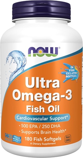 [BRSWGCQEAACRY3DX] JETZT Nahrungsergänzungsmittel, Ultra Omega-3, 500 EPA und 250 DHA, Herz-Kreislauf-Unterstützung*, 180-Fish Gelatin Softgels