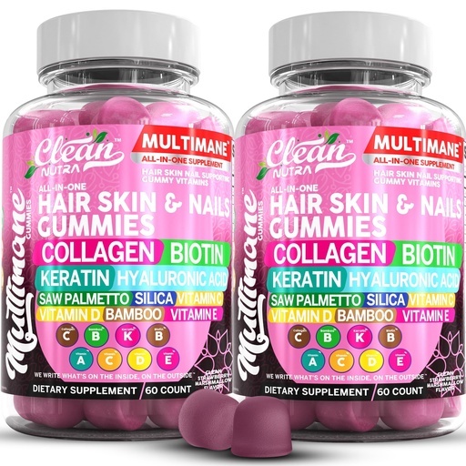 [BRSRAFA2AQNRECDV] Clean Nutraceuticals Biotin Collagen Keratin Gummies | Hair Skin and Nails Vitamins for Women | Hyaluronic Acid Bamboo Vitamin A C D3 E Folate with Saw Palmetto Silica B3 B12 Vegan Gummy