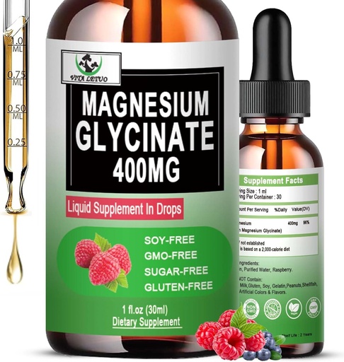 [BRSRAGINCMARQDI6] Glicinato de magnésio 400mg, Glicinato de magnésio líquido Drops 6X alta absorção para osso, Suporte imunológico, Vegan, Não-GMO, Glúten-livre