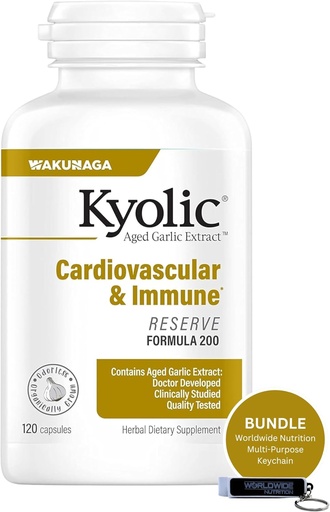 [BRSRAYYCDMOQMEQU] Worldwide Nutrition Bundle Compatível com Kyolic Aged Alho Extrato, Cardiovascular & Imune - Reserva Fórmula 200, Kyolc Aged Alho Extrato Cápsulas 120 Count e Multi-Purpose Chain