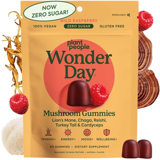 [BRSW2ZD3A4HGM3LP] Plant People WonderDay Mushroom Gummies - Lion's Mane, Cordyceps, Immune Sistemi De-Stress Boost Mood & Energy in Yetişkin Natural, Vegan, Non-GMO (60 Count)