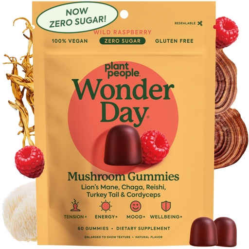 [BRSW2ZD3A4HGM3LP] Plant People WonderDay Mushroom Gummies - Lion’s Mane Gummies with Cordyceps & Chaga Mushroom - Support Immune System & Boost Mood, Stress Reponse & Energy in Adults - Natural, Vegan, Non-GMO, 60-Ct