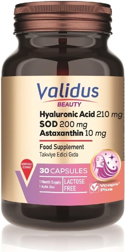 [BRSRAA3YBUIAK2TA] VALIDUS Hyaluronic Acid 210 mg + Astaxanthin 10 mg 30 Capsules (Vcaps Plus)