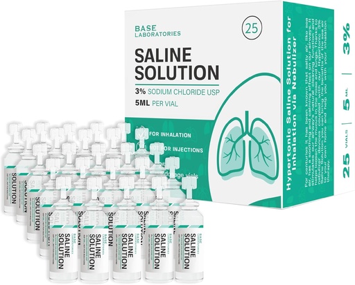 [BRSRMGTQBN6QI3QY] BASE LABORATORIES 3% Saline Solution for Nebulizer Machine | Saline Solution for Inhalation & Nasal Irrigation | High 3% Concentration l 25 Vials 5ml Unit Dose