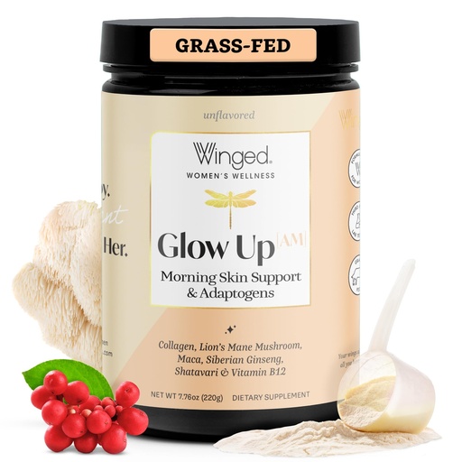 [BRSRMAQQOQFBU332] Winged Wellness Glow Up AM, Collagen Powder for Women - Morning Beauty Supplement for Glowing Skin with Grass-Fed Hydrolyzed Collagen Peptides, Lion's Mane & Shatavari - 21 Servings, Unflavored