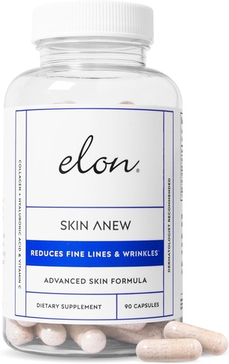 [BRSWGCY3OIMGA23G] Elon Skin Anew with Hydrolyzed Collagen & Hyaluronic Acid & Grape Seed Extract & Antioxidants | Hydrating & Anti Aging Supplement for Vibrant Skin Health (90 Capsules)
