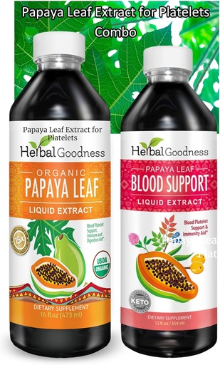 [BRSROZAQBEHQOYIY] Papaya Leaf Extract Bundle - Digestive and Blood Support Combo, 2 Units, 12oz y 16oz Non GMO - Herbal Goodness