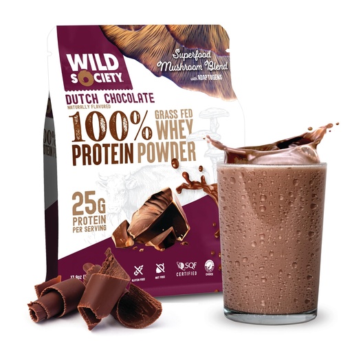 [BRSRA2YBCR4GKDTV] WILD SOCIETY - Premium 100% Grass Fed Whey Protein Powder + Superfood Mushrooms & Adaptogens - 25g Protein, Clean Protein Powder, 0 Added Sugar, Non GMO, Gluten Free - Dutch Chocolate - 17.9 oz