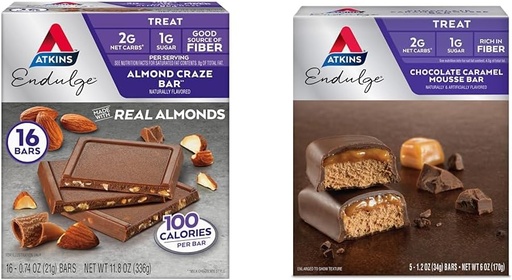 [BRSRAYYYCJ7WOHL7] Atkins Endulge Almond Craze Bar 16 Count & Chocolate Caramel Mousse Bar 5 Count, Keto Friendly, Low Sugar
