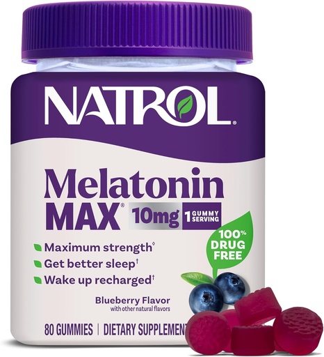 [BRSRMFQNOQPGEHQ4] Natrol Melatonin 10mg Suplemento de Ayuda para el sueño, 80 Conde MelatoninMax Gummies, Blueberry Flavor, 10 mg Melatonin Gummies para la insomnio ocasional, 80 Day Supply