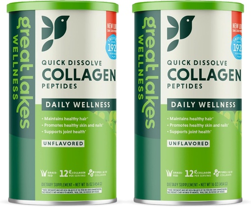 [BRSWI23YBYMGCEDI] Great Lakes Wellness Collagen Peptides Powder for Skin, Hair, Nails, Joints & Digestion - Unflavored - Quick Dissolve Hydrolyzed, Non-GMO, Keto, Kosher - 16 oz - 2 Pack - Packaging May Vary