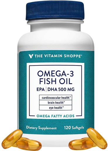 [BRSWIFAMARYBUHLM] The Vitamin Shoppe Brand Omega 3 Fish Oil 1000mg with EPA DHA 500mg, Cardiovascular, Brain & Eye Health Support for Men and Women, Sourced from Anchovy, Sardine & Mackerel, Gluten Free, 120 Softgels