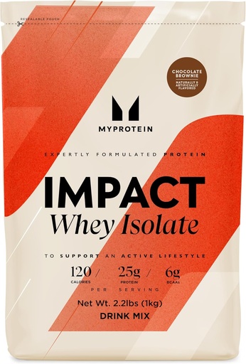 [BRSWEC37B4AQK3QZ] Myprotéine Impact Whey Protein Isolate, 2,2 Lbs (30 portions) Chocolat Brownie, 25g Protéines et 6g BCAA par portion, sans gluten Shake pour la force musculaire et la récupération