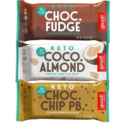[BRSRMCY5AAFRSEL3] good! Snacks Keto Variety Pack Protein Bar, Vegan, Soy & Gluten Free, Low Sugar Meal Replacement, 10g High Protein, Natural Healthy Snack, For Athletes & Active Lifestyles, 3g Net Carbs,12 Bars