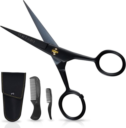 [BRSWGCQ2AB6AADQZ] Ontaki Mustache Saks til mænd - 5 -Inch, Sort - Tysk High- Carbon Steel Bevel- Edge til Precision - Skæg Trimning Saks - Inkluderer Grooming Kit med Mustache & Beard Combs & Carriing Pouch