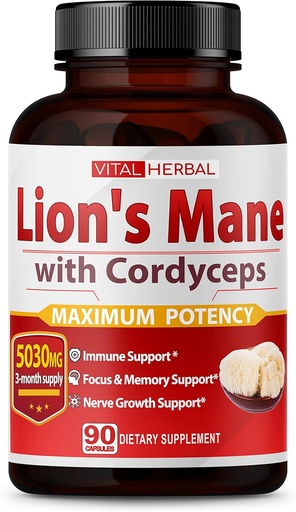[BRSW2YINBMIWOG3H] VITAL HERBAL Lions Mane Mushroom with Cordyceps Capsules Equivalent to 5030mg - Maximum Potency L-Theanine Ashwagandha Brain Supplement for Focus Memory Energy Mood Support 90 Days Supply