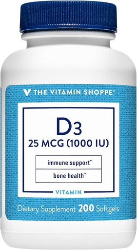 [BRSWIYQGCJ7WGYLI] The Vitamin Shoppe Vitamin D3 1000IU Softgel, Supports Bone & Immune Health, Aids in Cellular Growth & Calcium Absorption, Gluten Free & Once Daily Formula (200 Softgels)