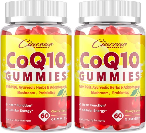 [BRSRAFICDEBWMELP] CoQ10 Gummies with PQQ - 400 MG Coenzis Q10 High potency, Enhanced with Ayurvedic Herbs, Adaptogeninis grybų maišymas & Probiotikai širdies, smegenų, energijos, imunitetas, vyšnių skonio, 120 Gummies